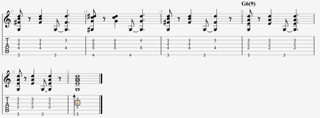 Fin typique jazz avec accord G6(9)