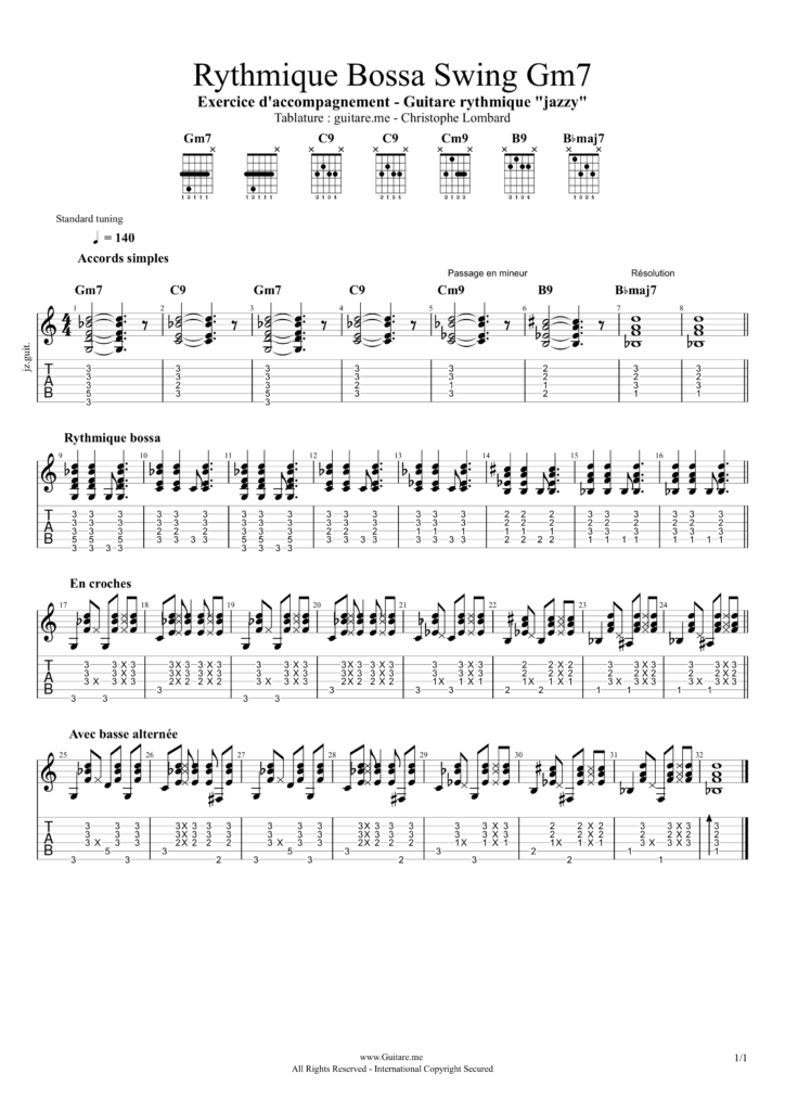 Tablature Rythmique guitare bossa swing