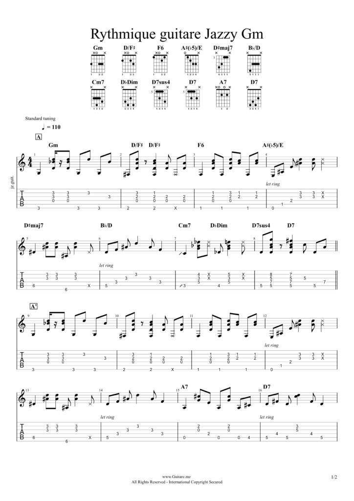 Tablature PDF grille d'accords Jazzy en sol mineur
