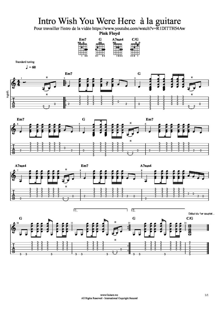 Intro Wish You Where Here de Pink Floyd à la guitare folk
